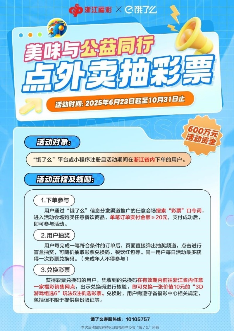 点外卖还有可能中奖?浙江福彩将送出600万元“3D”游戏彩票